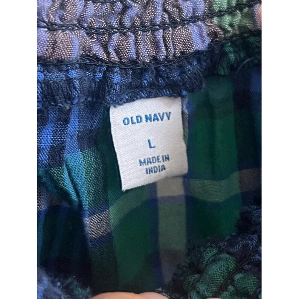 Old Navy Blue and Green Plaid Smocked-Neck Blouse
